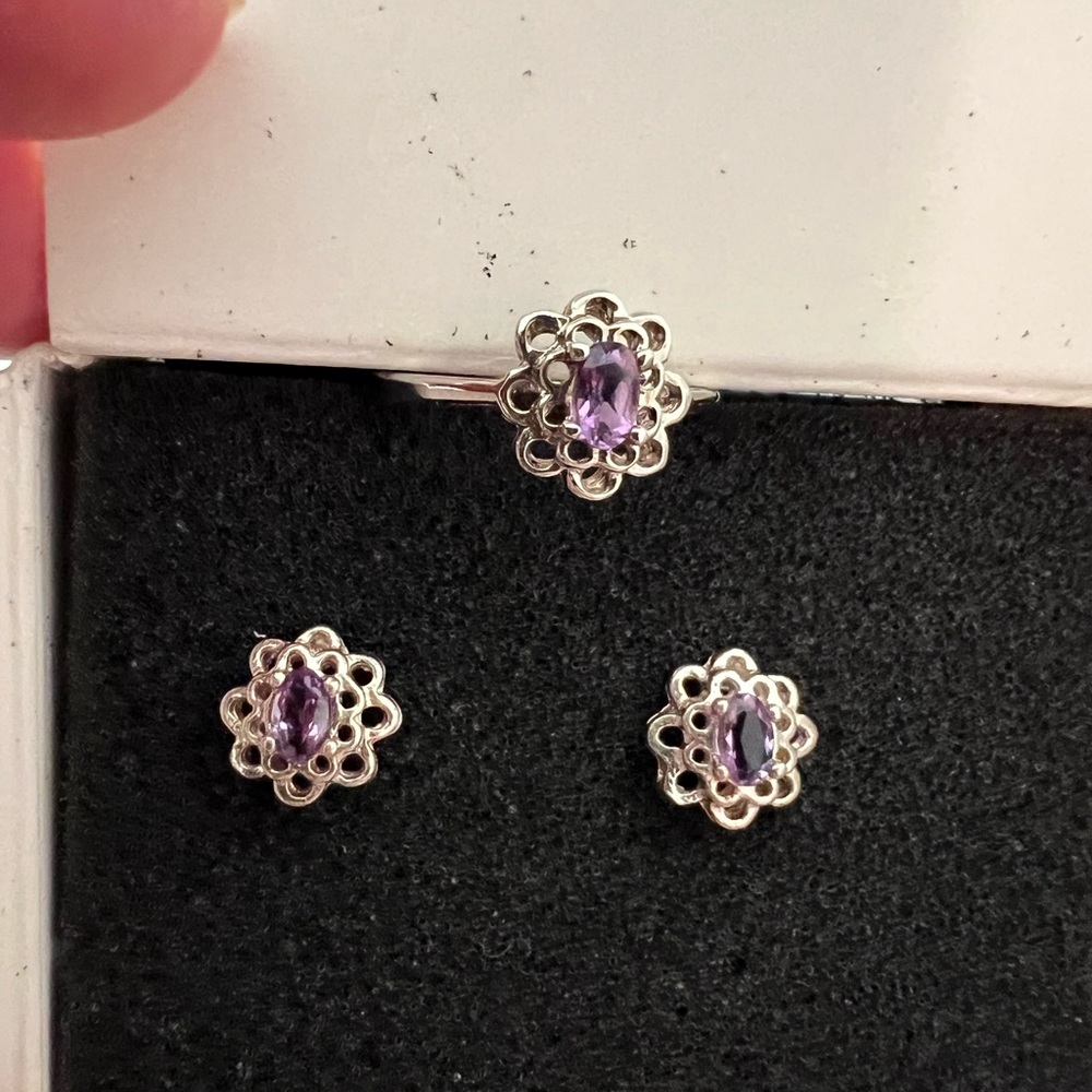Real Amethyst and Silver Ring and Earrings Vintage Avon